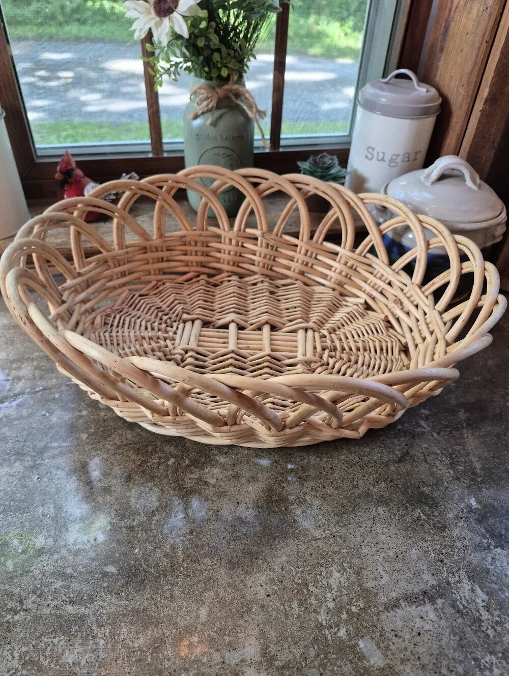 Vintage Crate & Barrel Willow Wood Basket Open Loop Lace Edge Bowl Handwoven